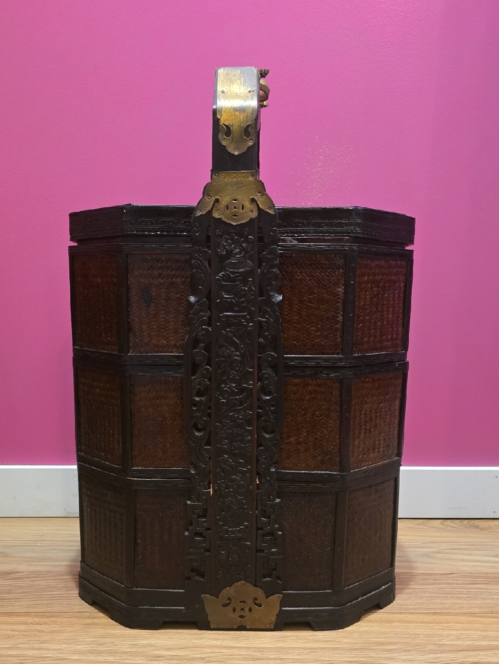 Vintage Carved Wood and Brass Wedding Basket